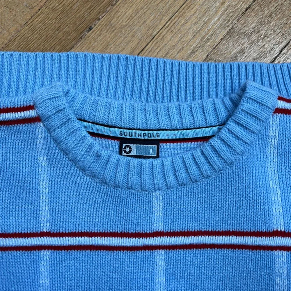 Y2K Vintage SouthPole Sweater Baby Blue Red Stripe Embroidered Men's Size Large